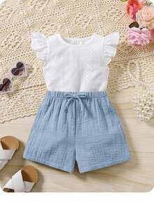 SHEIN Bộ áo trắng dễ thương cho bé gái mùa hè và quần short lưng thun - Xanh và trắng - Xem 1
