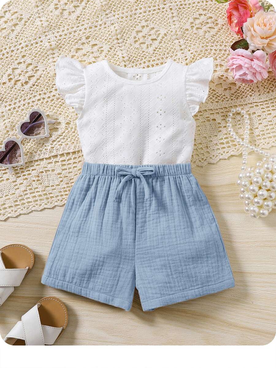 SHEIN Bộ áo trắng dễ thương cho bé gái mùa hè và quần short lưng thun - Xanh và trắng - Xem 1