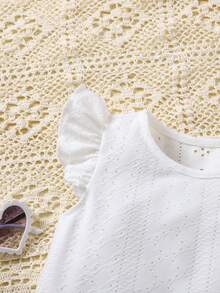 SHEIN Bộ áo trắng dễ thương cho bé gái mùa hè và quần short lưng thun - Xanh và trắng - Xem 3
