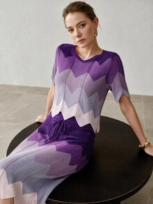 MOTF PREMIUM SUMMER FASHION CONTRAST COLOR ROUND NECK KNIT TOP AND DRAWSTRING WAIST KNIT SKIRT 2 PIECES SET - Purple - View 7