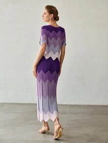 MOTF PREMIUM SUMMER FASHION CONTRAST COLOR ROUND NECK KNIT TOP AND DRAWSTRING WAIST KNIT SKIRT 2 PIECES SET - Purple - View 4