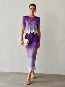 MOTF PREMIUM SUMMER FASHION CONTRAST COLOR ROUND NECK KNIT TOP AND DRAWSTRING WAIST KNIT SKIRT 2 PIECES SET - Purple - View 1
