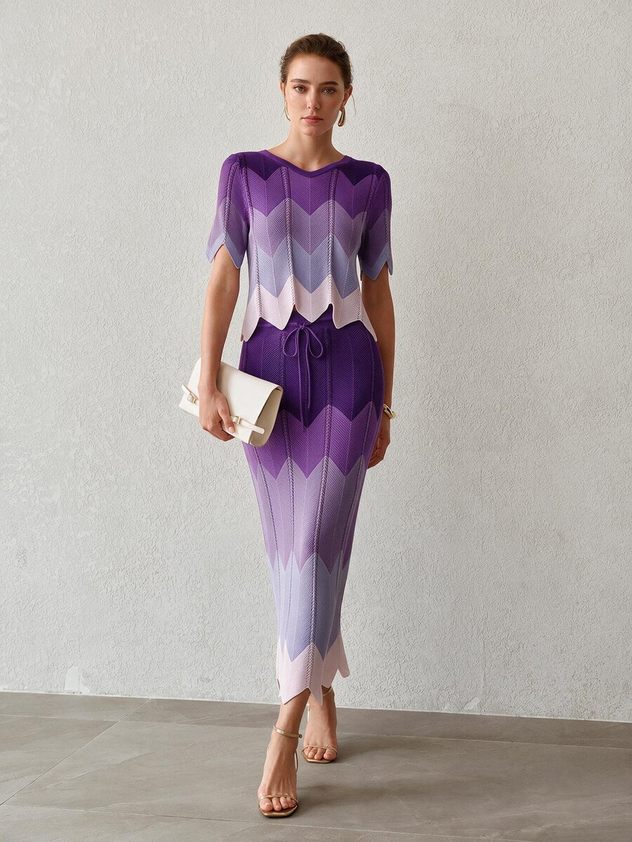 MOTF PREMIUM SUMMER FASHION CONTRAST COLOR ROUND NECK KNIT TOP AND DRAWSTRING WAIST KNIT SKIRT 2 PIECES SET - Purple - View 1