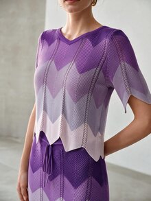 MOTF PREMIUM SUMMER FASHION CONTRAST COLOR ROUND NECK KNIT TOP AND DRAWSTRING WAIST KNIT SKIRT 2 PIECES SET - Purple - View 2