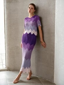 MOTF PREMIUM SUMMER FASHION CONTRAST COLOR ROUND NECK KNIT TOP AND DRAWSTRING WAIST KNIT SKIRT 2 PIECES SET - Purple - View 6