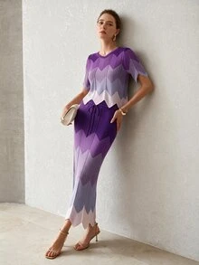 MOTF PREMIUM SUMMER FASHION CONTRAST COLOR ROUND NECK KNIT TOP AND DRAWSTRING WAIST KNIT SKIRT 2 PIECES SET - Purple - View 3