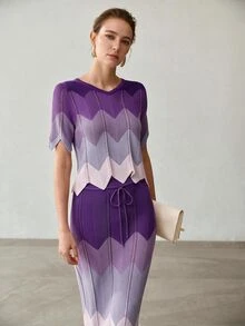 MOTF PREMIUM SUMMER FASHION CONTRAST COLOR ROUND NECK KNIT TOP AND DRAWSTRING WAIST KNIT SKIRT 2 PIECES SET - Purple - View 5