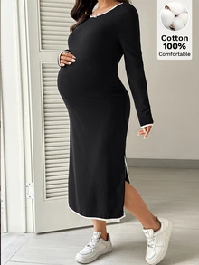 SHEIN Maternity Fitted Casual Dress With Trimmed Round Neck, Long Sleeves And Side Slit Hem Fall - Black - View 1