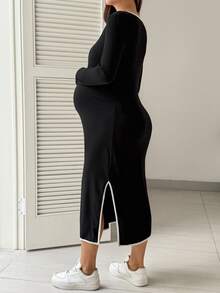 SHEIN Maternity Fitted Casual Dress With Trimmed Round Neck, Long Sleeves And Side Slit Hem Fall - Black - View 2
