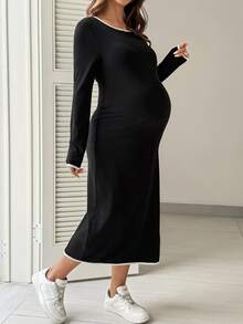 SHEIN Maternity Fitted Casual Dress With Trimmed Round Neck, Long Sleeves And Side Slit Hem Fall - Black - View 3