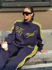 Muchica Plus Size Women's Fall Brown Thermal Lined Contrast Color Webbing Patchwork Casual Loose Two Pieces Set Navy Blue Zip Up Yellow Print Preppy Vacation - Navy Blue - View 4