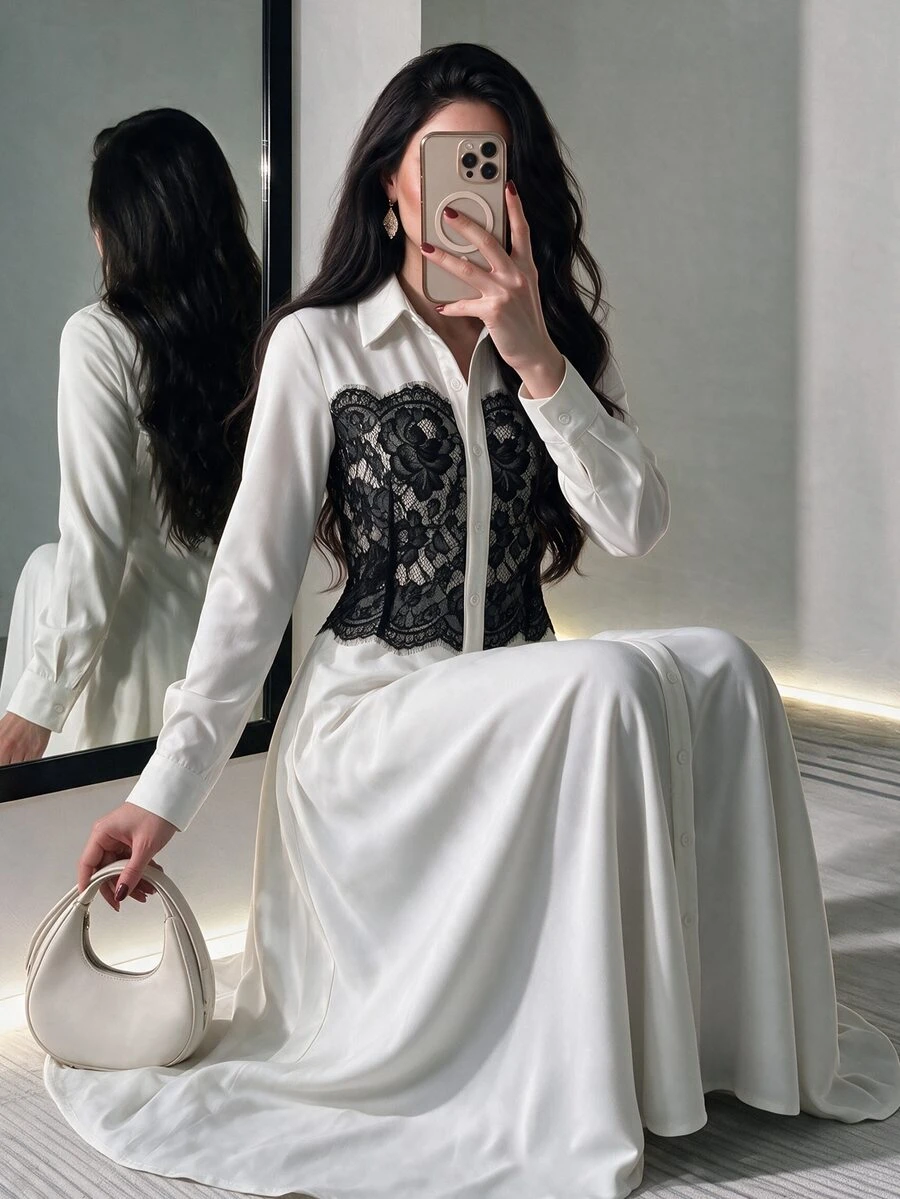 Celisse Women's Lace Patchwork Casual Party Long Dress - White - View 1
