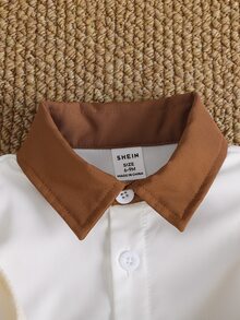SHEIN Playful Pals 3件組男嬰熊圖案背心 + 白色長袖襯衫 + 米白色米色燈芯絨寬腿褲休閒親子套裝，韓系復古上衣褲裝 - 黑與白 - 查看 5