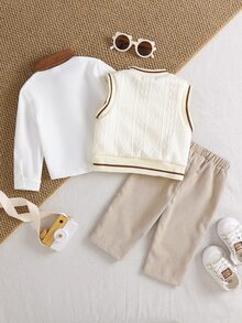 SHEIN Playful Pals 3件組男嬰熊圖案背心 + 白色長袖襯衫 + 米白色米色燈芯絨寬腿褲休閒親子套裝，韓系復古上衣褲裝 - 黑與白 - 查看 3