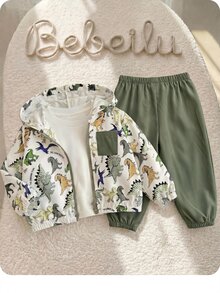 SHEIN 2pcs/Set Baby Boy Cartoon Dinosaur Print Contrast Color Hooded Lightweight Jacket And Solid Color Pants, Suitable For Spring, Summer, Autumn Outdoor Travel - Green - View 1