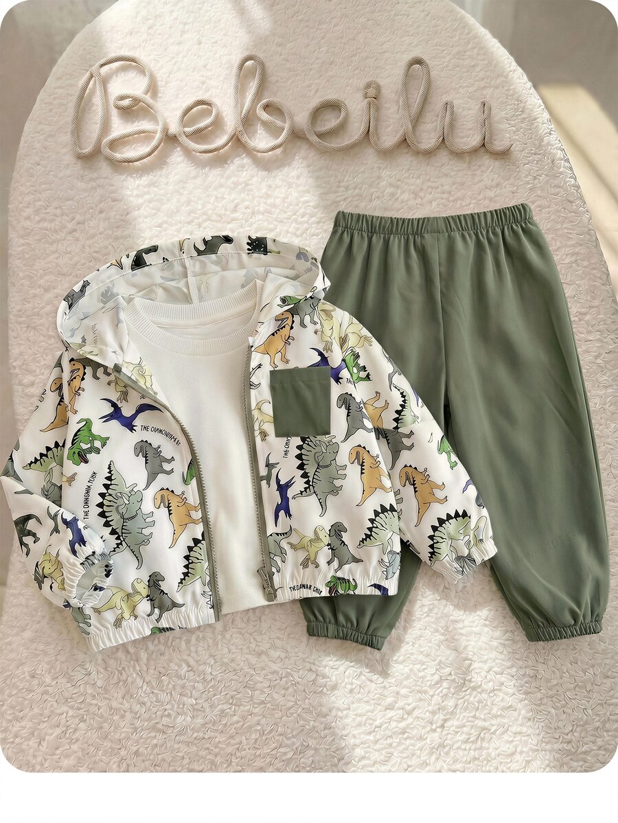 SHEIN 2pcs/Set Baby Boy Cartoon Dinosaur Print Contrast Color Hooded Lightweight Jacket And Solid Color Pants, Suitable For Spring, Summer, Autumn Outdoor Travel - Green - View 1