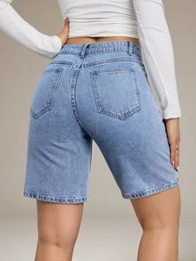 SHEIN Tall Summer TALL Women's Party, Leisure, Holiday, Vacation Sparkling Rhinestone Design Rhinestone Decor Pocket Skinny Fashion Denim Shorts Jorts - Medium Wash - View 3