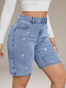 SHEIN Tall Summer TALL Women's Party, Leisure, Holiday, Vacation Sparkling Rhinestone Design Rhinestone Decor Pocket Skinny Fashion Denim Shorts Jorts - Medium Wash - View 6