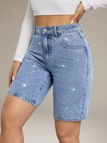 SHEIN Tall Summer TALL Women's Party, Leisure, Holiday, Vacation Sparkling Rhinestone Design Rhinestone Decor Pocket Skinny Fashion Denim Shorts Jorts - Medium Wash - View 5