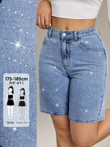 SHEIN Tall Summer TALL Women's Party, Leisure, Holiday, Vacation Sparkling Rhinestone Design Rhinestone Decor Pocket Skinny Fashion Denim Shorts Jorts - Medium Wash - View 8