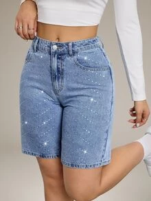 SHEIN Tall Summer TALL Women's Party, Leisure, Holiday, Vacation Sparkling Rhinestone Design Rhinestone Decor Pocket Skinny Fashion Denim Shorts Jorts - Medium Wash - View 2