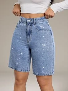 SHEIN Tall Summer TALL Women's Party, Leisure, Holiday, Vacation Sparkling Rhinestone Design Rhinestone Decor Pocket Skinny Fashion Denim Shorts Jorts - Medium Wash - View 7
