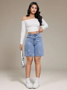 SHEIN Tall Summer TALL Women's Party, Leisure, Holiday, Vacation Sparkling Rhinestone Design Rhinestone Decor Pocket Skinny Fashion Denim Shorts Jorts - Medium Wash - View 4
