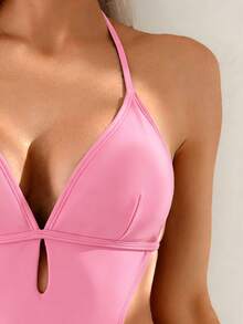 Oceva Solid Color Sexy Halter One-Piece Swimsuit For Beach & Summer - Pink - View 4
