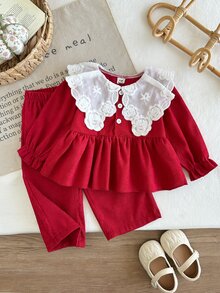 SHEIN Vintaside Kids 女嬰休閒學院風翻領長袖上衣與長褲套裝，適合日常穿著，秋季款 - 紅色 - 查看 1
