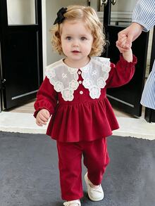 SHEIN Vintaside Kids 女嬰休閒學院風翻領長袖上衣與長褲套裝，適合日常穿著，秋季款 - 紅色 - 查看 3