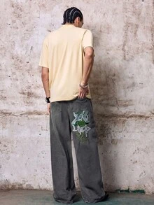 Skyrend Grunge Goth Y2K 風男士休閒刺繡寬版牛仔褲，百搭四季，時尚街頭個性化，舞台表演 - 淺灰色 - 查看 7