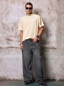 Skyrend Grunge Goth Y2K 風男士休閒刺繡寬版牛仔褲，百搭四季，時尚街頭個性化，舞台表演 - 淺灰色 - 查看 8
