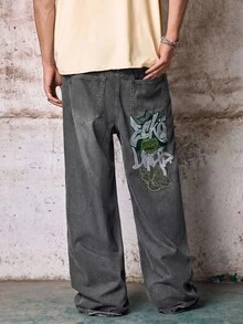 Skyrend Grunge Goth Y2K 風男士休閒刺繡寬版牛仔褲，百搭四季，時尚街頭個性化，舞台表演 - 淺灰色 - 查看 3