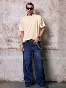 Skyrend Grunge Goth Y2K 風男士休閒刺繡寬版牛仔褲，百搭四季，時尚街頭個性化，舞台表演 - 深色水洗藍 - 查看 8