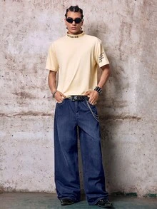Skyrend Grunge Goth Y2K 風男士休閒刺繡寬版牛仔褲，百搭四季，時尚街頭個性化，舞台表演 - 深色水洗藍 - 查看 5