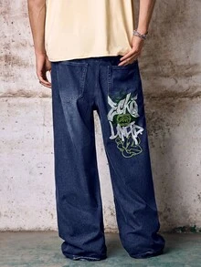 Skyrend Grunge Goth Y2K 風男士休閒刺繡寬版牛仔褲，百搭四季，時尚街頭個性化，舞台表演 - 深色水洗藍 - 查看 3