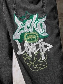 Skyrend Grunge Goth Y2K Style Men's Casual Embroidered Loose Wide-Leg Jeans, Versatile All-Season, Fashion Streetwear Personalized, Stage Performance - Dark Grey - View 10
