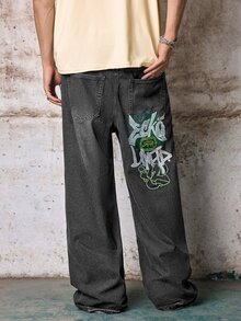Skyrend Grunge Goth Y2K Style Men's Casual Embroidered Loose Wide-Leg Jeans, Versatile All-Season, Fashion Streetwear Personalized, Stage Performance - Dark Grey - View 3