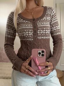 CovetEZ Women's Casual Versatile Daily Wear Long Sleeve Sweater - Brown - View 6