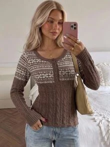 CovetEZ Women's Casual Versatile Daily Wear Long Sleeve Sweater - Brown - View 2