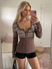 CovetEZ Women's Casual Versatile Daily Wear Long Sleeve Sweater - Brown - View 1