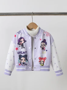 SHEIN 女童春秋紫色與白色拼色棒球夾克，卡通女孩星星與字母印花，羅紋立領，單排扣短版長袖校隊夾克，適合學校、外出、休閒穿著 - 紫色 - 查看 8