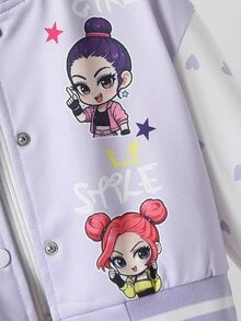 SHEIN 女童春秋紫色與白色拼色棒球夾克，卡通女孩星星與字母印花，羅紋立領，單排扣短版長袖校隊夾克，適合學校、外出、休閒穿著 - 紫色 - 查看 6