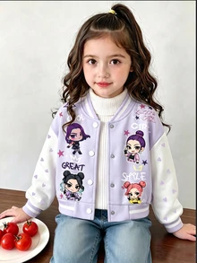 SHEIN 女童春秋紫色與白色拼色棒球夾克，卡通女孩星星與字母印花，羅紋立領，單排扣短版長袖校隊夾克，適合學校、外出、休閒穿著 - 紫色 - 查看 1