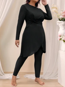 SHEIN Swim Plus Size Women 2 Pieces Set, Modest Soft Form Solid Long Sleeve Top Pants, Burkini Swimsuit, Summer Beach Vacation Clothing Burkinis - Black - View 7