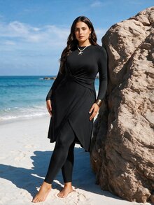 SHEIN Swim Plus Size Women 2 Pieces Set, Modest Soft Form Solid Long Sleeve Top Pants, Burkini Swimsuit, Summer Beach Vacation Clothing Burkinis - Black - View 2