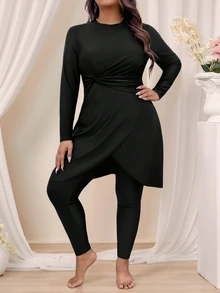 SHEIN Swim Plus Size Women 2 Pieces Set, Modest Soft Form Solid Long Sleeve Top Pants, Burkini Swimsuit, Summer Beach Vacation Clothing Burkinis - Black - View 8