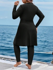 SHEIN Swim Plus Size Women 2 Pieces Set, Modest Soft Form Solid Long Sleeve Top Pants, Burkini Swimsuit, Summer Beach Vacation Clothing Burkinis - Black - View 6
