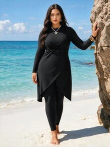 SHEIN Swim Plus Size Women 2 Pieces Set, Modest Soft Form Solid Long Sleeve Top Pants, Burkini Swimsuit, Summer Beach Vacation Clothing Burkinis - Black - View 1