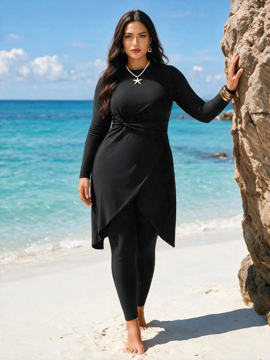 SHEIN Swim Plus Size Women 2 Pieces Set, Modest Soft Form Solid Long Sleeve Top Pants, Burkini Swimsuit, Summer Beach Vacation Clothing Burkinis - Black - View 1